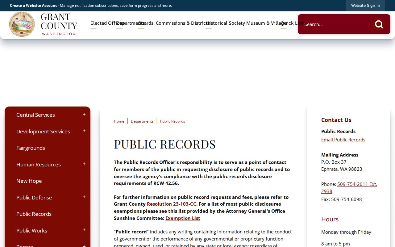 Moses Lake residents directory public records request page